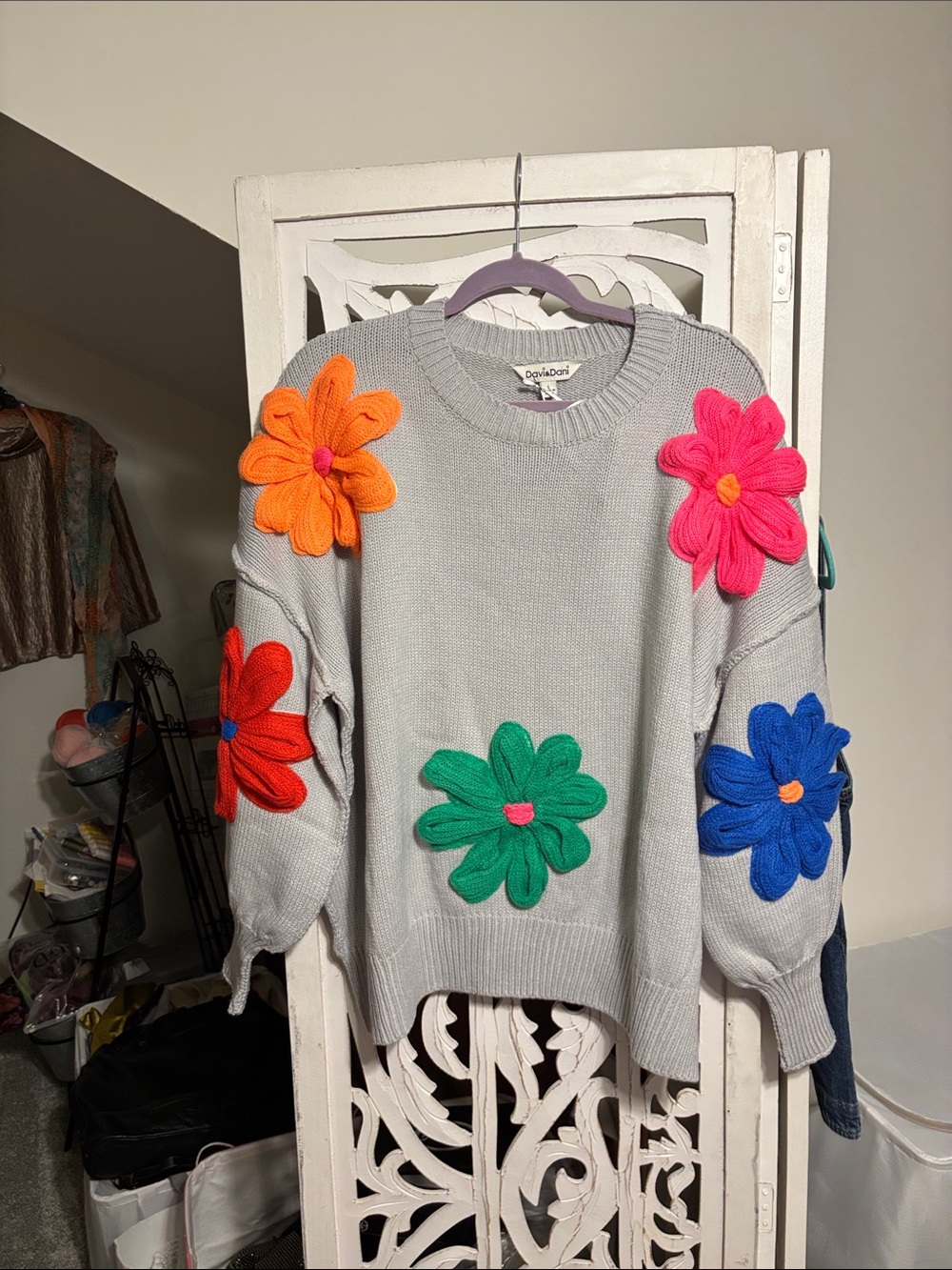 DAVI & DANI Gray Crewneck Sweater with Bright Floral Appliqués